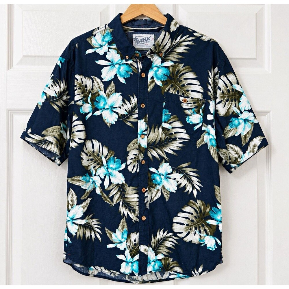 MBX Denim Wear Men's XL Cotton Tropical Floral Palm Short Sleeve Shirt Pockets
